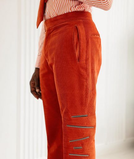 A Vermilion Orange Corduroy, Zip-Line Detailing, Boot-Cut Pant Trousers
