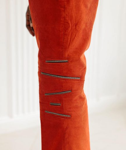 A Vermilion Orange Corduroy, Zip-Line Detailing, Boot-Cut Pant Trousers