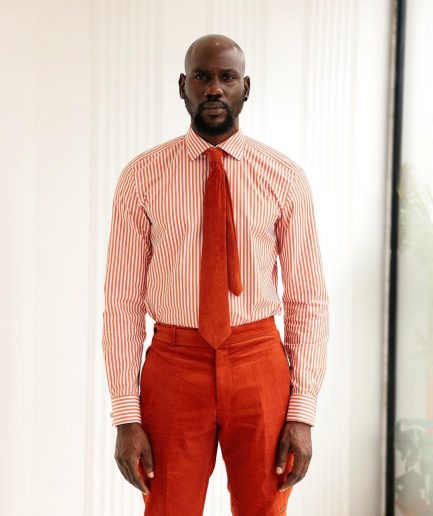 A Vermillion Orange Corduroy Notch Lapel With Gold Zipping Details Suit