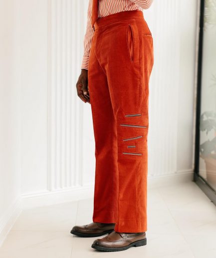A Vermillion Orange Corduroy Notch Lapel With Gold Zipping Details Suit