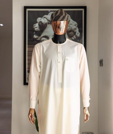 An Ivory white front flap with silver Swarovski button details, long-sleeve African senator kaftan native