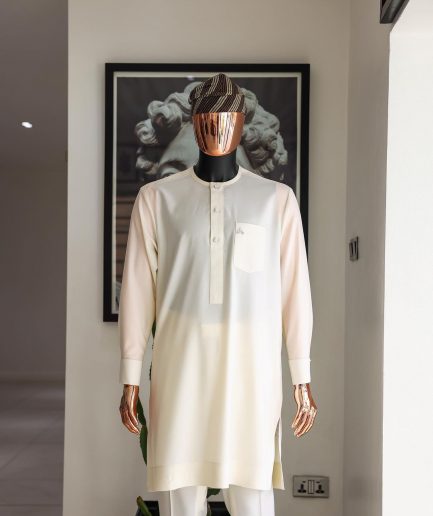 An Ivory white front flap with silver Swarovski button details, long-sleeve African senator kaftan native