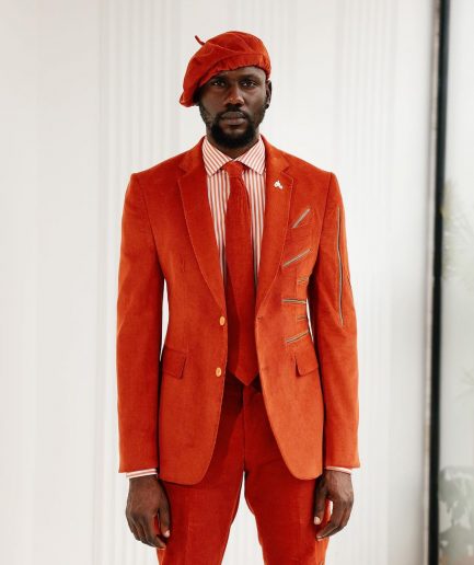 A Vermillion Orange Corduroy Notch Lapel With Gold Zipping Details Suit
