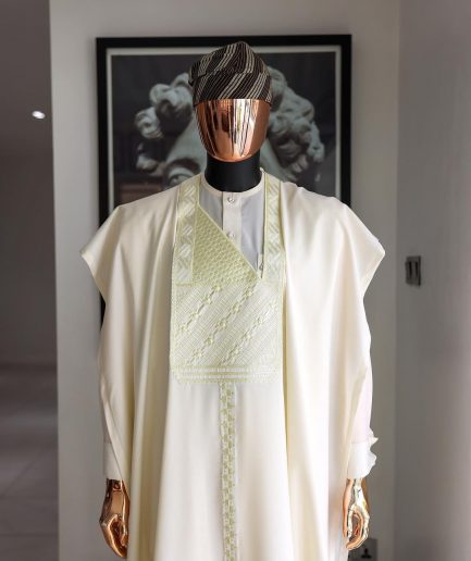 An Ivory White, Jakan And Lines Embroidery Details Agbada, 3/4 Sleeve Kaftan, And Sokoto