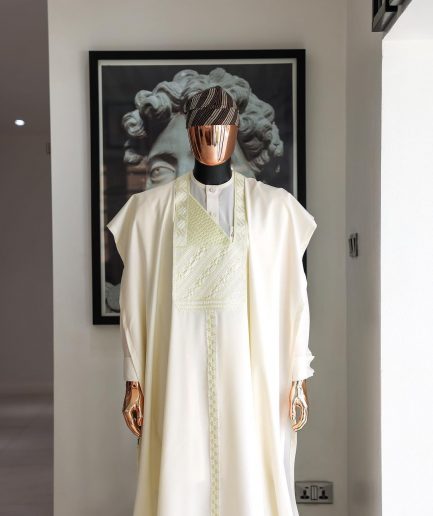 An Ivory White, Jakan And Lines Embroidery Details Agbada, 3/4 Sleeve Kaftan, And Sokoto