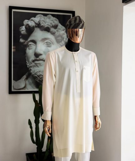 An Ivory White, Jakan And Lines Embroidery Details Agbada, 3/4 Sleeve Kaftan, And Sokoto