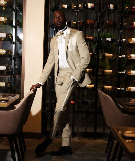 A Trout Grey Relayed Silk Placement, Knitted, Single Button, Notch Lapel Dinner Tuxedo Suit