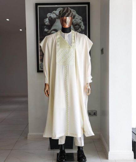An Ivory White, Jakan And Lines Embroidery Details Agbada, 3/4 Sleeve Kaftan, And Sokoto