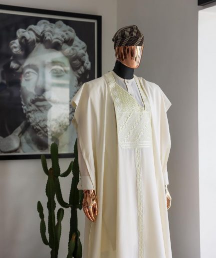 An Ivory White, Jakan And Lines Embroidery Details Agbada, 3/4 Sleeve Kaftan, And Sokoto