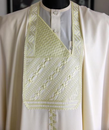 An Ivory White, Jakan And Lines Embroidery Details Agbada, 3/4 Sleeve Kaftan, And Sokoto