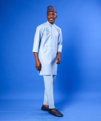 A sky blue galactical embroidery with gold and blue print jacquard details agbada