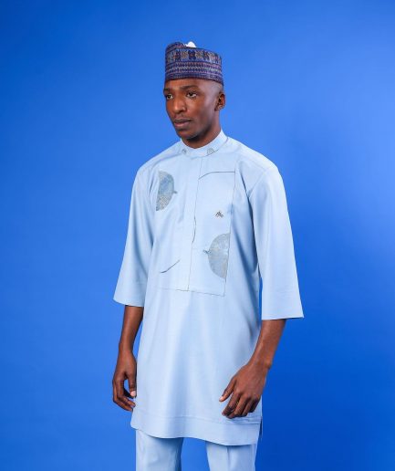 A Sky Blue, bishop neck, splashed jacquard details 3/4 sleeve African senator Kaftan native