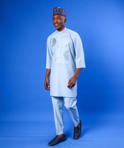 A Sky Blue, bishop neck, splashed jacquard details 3/4 sleeve African senator Kaftan native