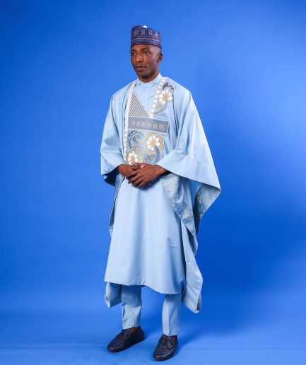 A sky blue galactical embroidery with gold and blue print jacquard details agbada