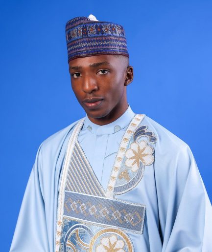 A sky blue galactical embroidery with gold and blue print jacquard details agbada