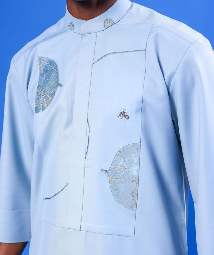 A Sky Blue, bishop neck, splashed jacquard details 3/4 sleeve African senator Kaftan native