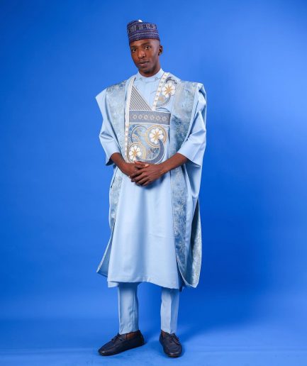 A sky blue galactical embroidery with gold and blue print jacquard details agbada