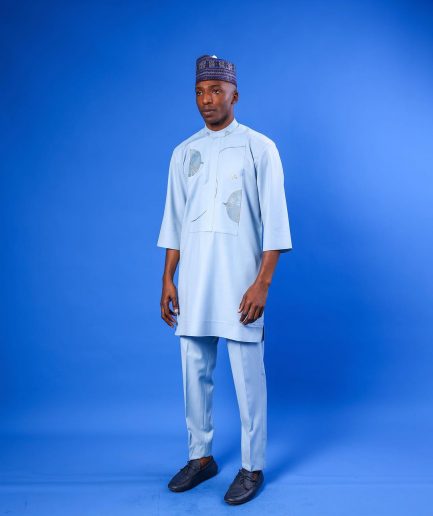 A Sky Blue, bishop neck, splashed jacquard details 3/4 sleeve African senator Kaftan native