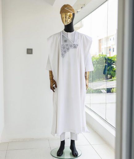 A White, Mazed Square, 1/4 size Embroidery Details Agbada
