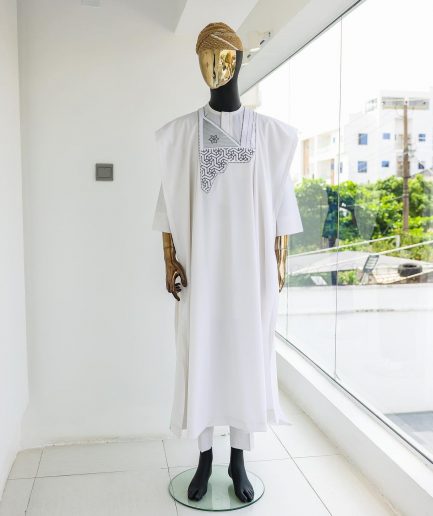 A White, Mazed Square, 1/4 size Embroidery Details Agbada