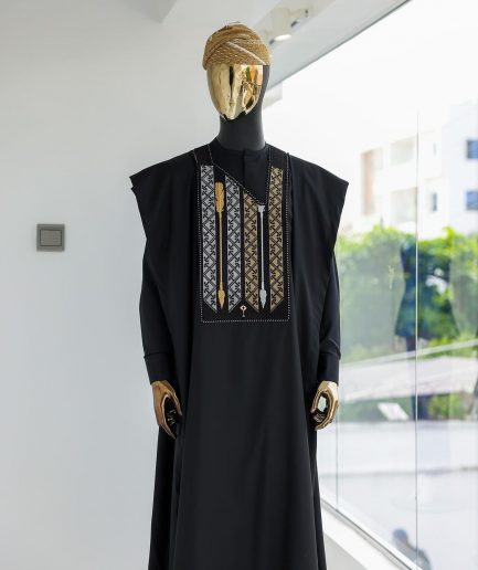 A Charcoal black, inverted arrow and layered square embroidery details agbada