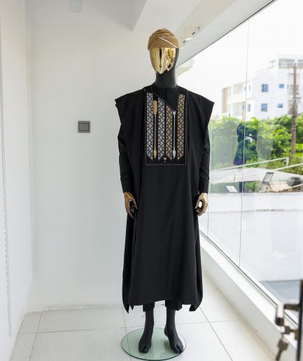 A Charcoal black, inverted arrow and layered square embroidery details agbada