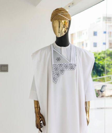 A White, Mazed Square, 1/4 size Embroidery Details Agbada