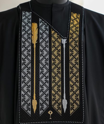 A Charcoal black, inverted arrow and layered square embroidery details agbada