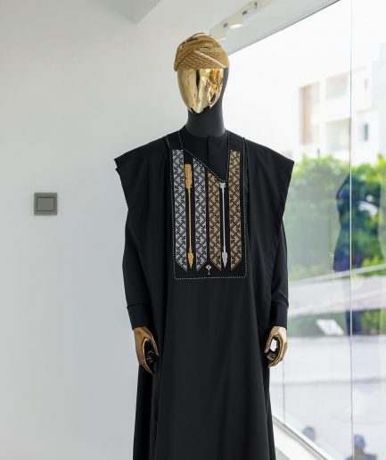 A Charcoal black, inverted arrow and layered square embroidery details agbada
