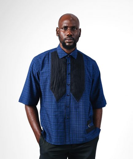 A Dark Skye blue and black Checkered, front pointed pleat, jet black studded Swarovski button, short sleeve, wide-cut casual shirt