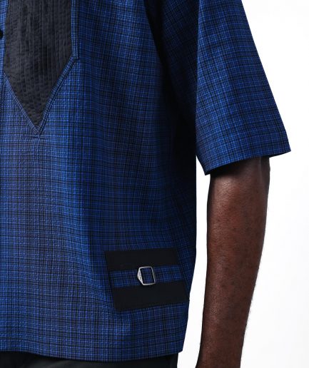 A Dark Skye blue and black Checkered, front pointed pleat, jet black studded Swarovski button, short sleeve, wide-cut casual shirt
