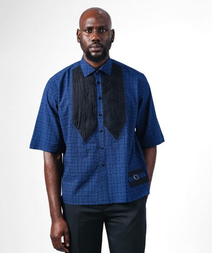 A Dark Skye blue and black Checkered, front pointed pleat, jet black studded Swarovski button, short sleeve, wide-cut casual shirt