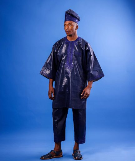 A Navy blue "Arewa" embroidery front cut towards back, traditional Agbada, 3/4 sleeve kaftan, and Sokoto