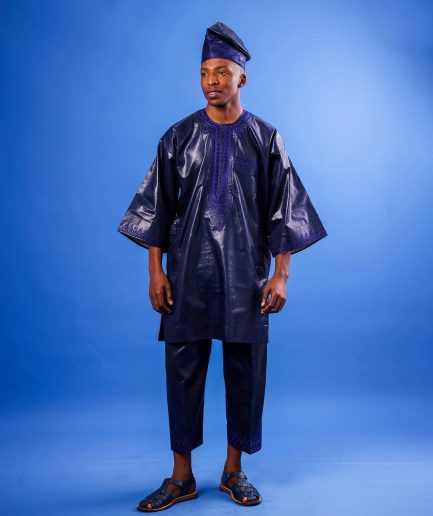 A Navy blue "Arewa" embroidery details, 3/4-sleeve African senator Kaftan native