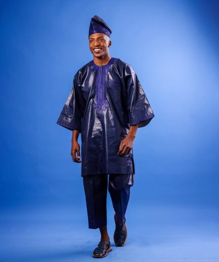 A Navy blue "Arewa" embroidery details, 3/4-sleeve African senator Kaftan native