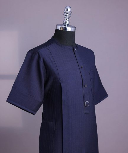 A Midnight Blue Invisible Pencil Stripe, Nobility, Front Flap With Button 3/4 Sleeve African Senator Kaftan Native