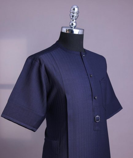 A Midnight Blue Invisible Pencil Stripe, Nobility, Front Flap With Button 3/4 Sleeve African Senator Kaftan Native