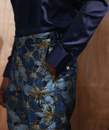 Navy, Skye blue, with a splash of gold-printed jacquard pants