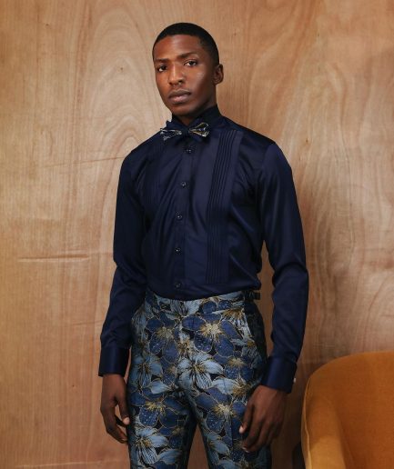 A Silk Skye Blue Pleated Tuxedo Shirt