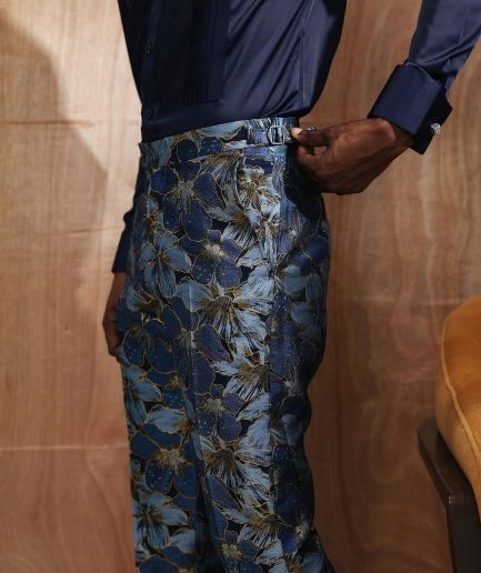 Navy, Skye blue, with a splash of gold-printed jacquard pants