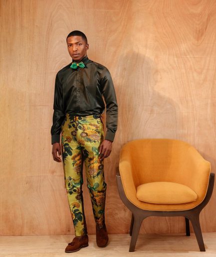 A mixed shade of green with a splash of gold-printed jacquard pants.