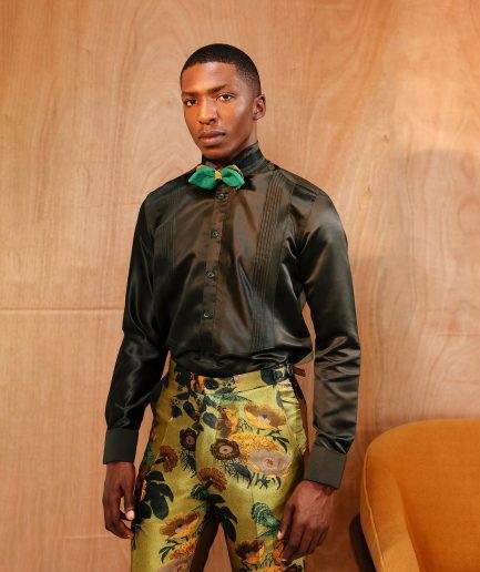 A Silk, dark seaweed green, pleated tuxedo shirt.