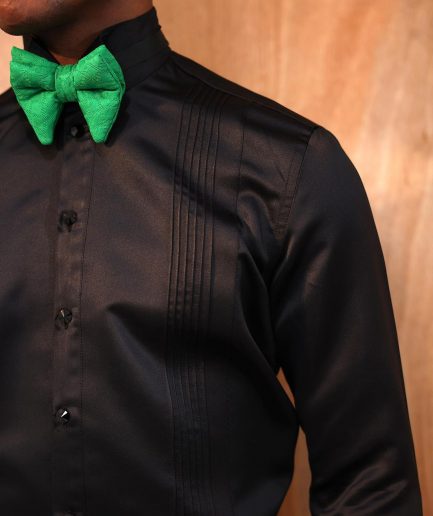 A Silk, Charcoal Black, Pleated Tuxedo Shirt.