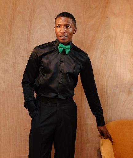 A Silk, Charcoal Black, Pleated Tuxedo Shirt.