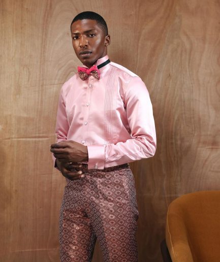 A Silk, Pink, Wing Collar, Pleated Tuxedo Shirt