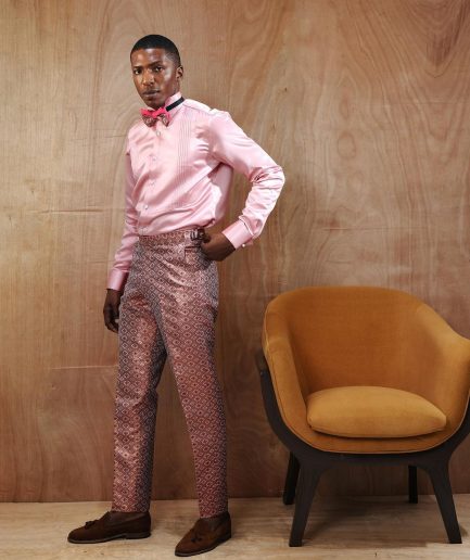 A Silk, Pink, Wing Collar, Pleated Tuxedo Shirt
