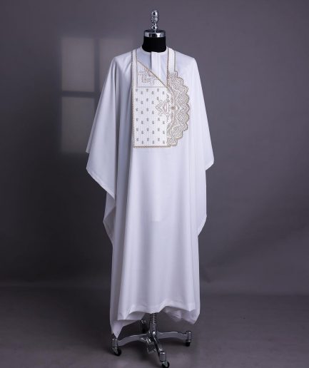 A White, Sided Pagoda Embroidery Details Agbada