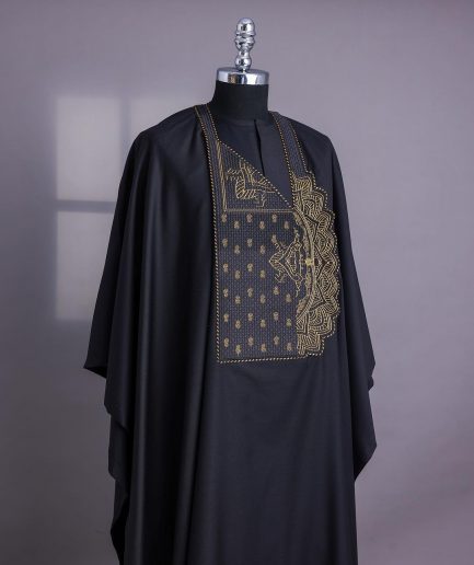 A Charcoal Black, Side Pagoda Embroidery Details Agbada