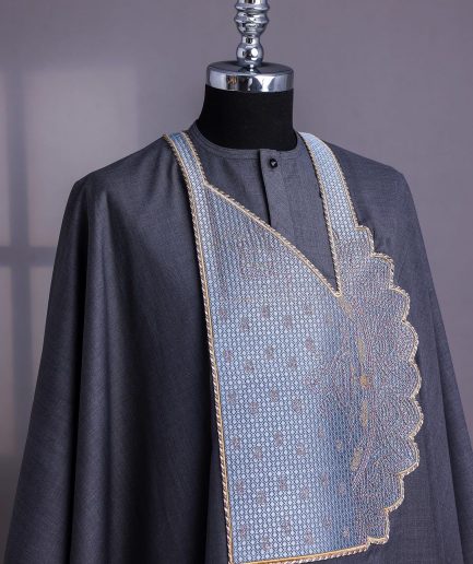 A Grey, Sided Pagoda Embroidery Details Agbada