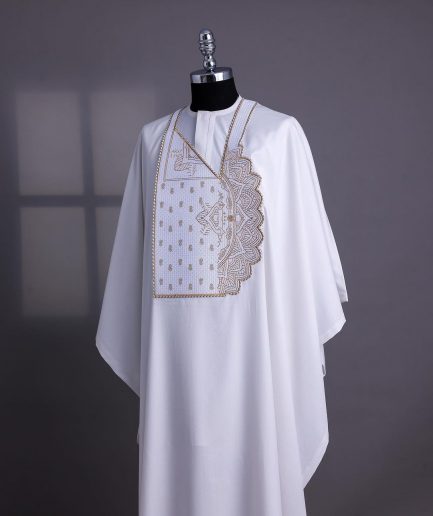 A White, Sided Pagoda Embroidery Details Agbada